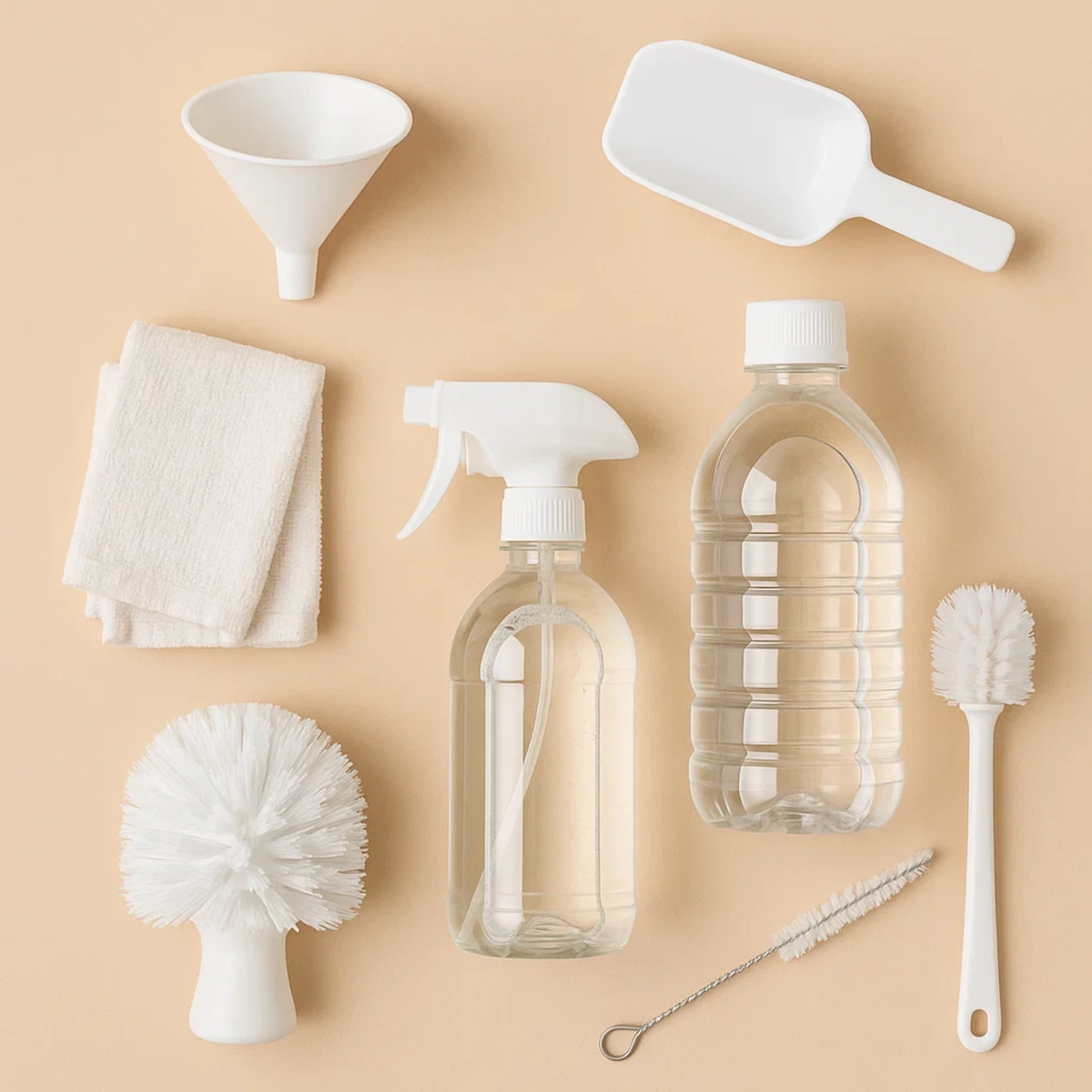 Assorted cleaning tools for ice maker, including brushes, cloths, spray bottle, and vinegar.