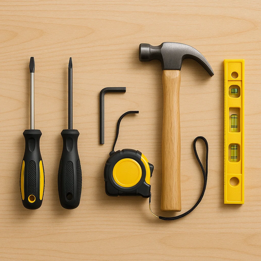 Set of essential hand tools including screwdrivers, hammer, level, and measuring tape on wood surface.