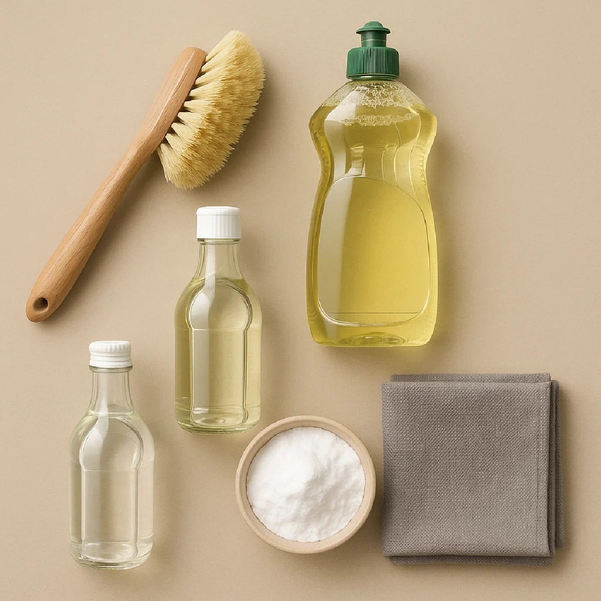 Essential tools for cleaning fireplace screens: brush, soap, vinegar, and cloth.