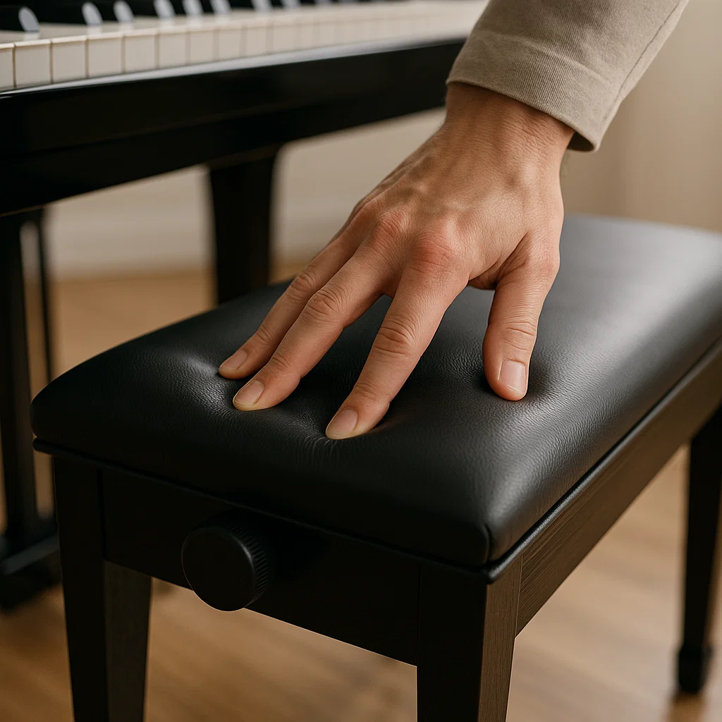 Hand pressing cushioned piano bench to test comfort and firmness for optimal playing support
