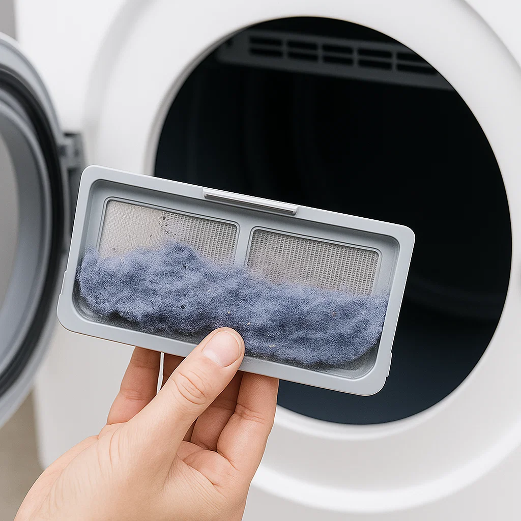 Hand holding a lint trap filled with blue-grey lint removed from a clothes dryer.