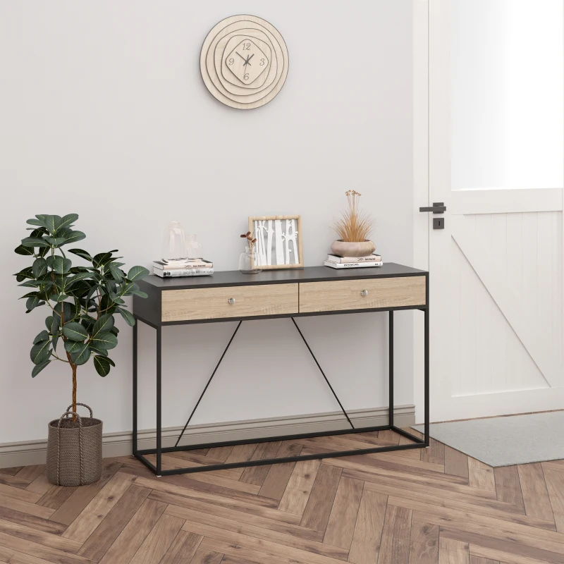 Modern console table with light wood drawers and metal frame in a contemporary room.