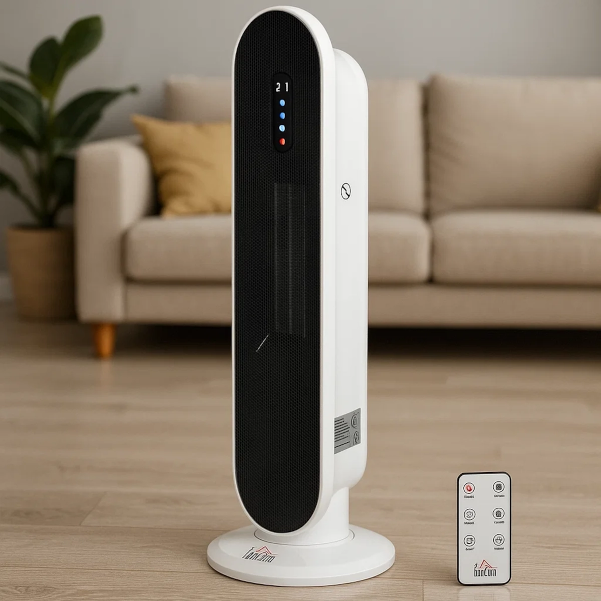 Tower heater standing on hardwood floor with remote control placed nearby.