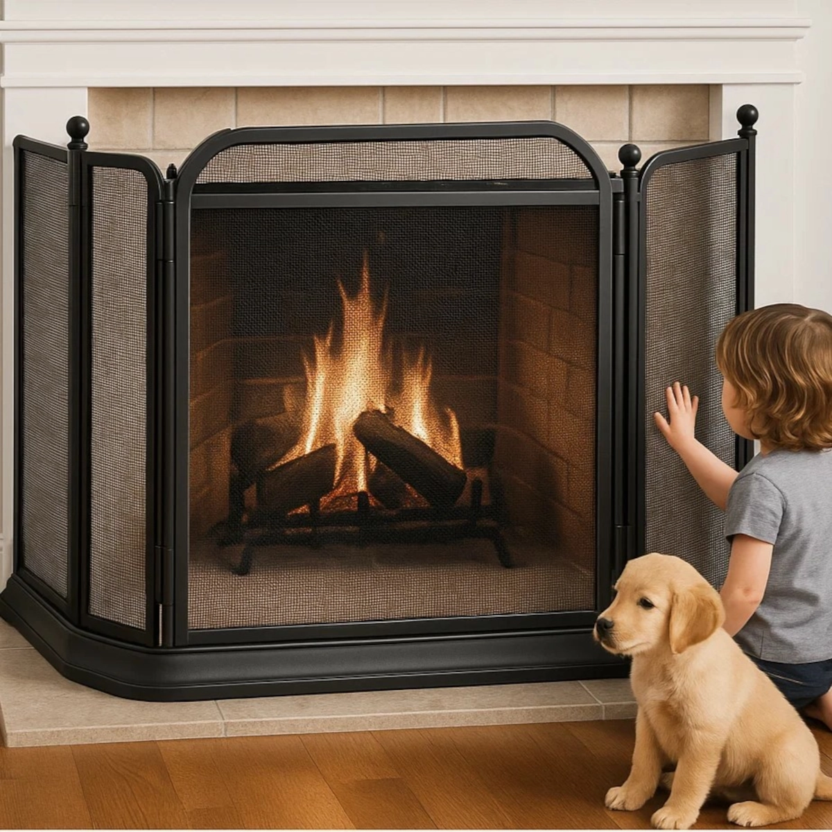 Child and puppy sitting near a lit fireplace shielded by a tall black mesh safety screen.