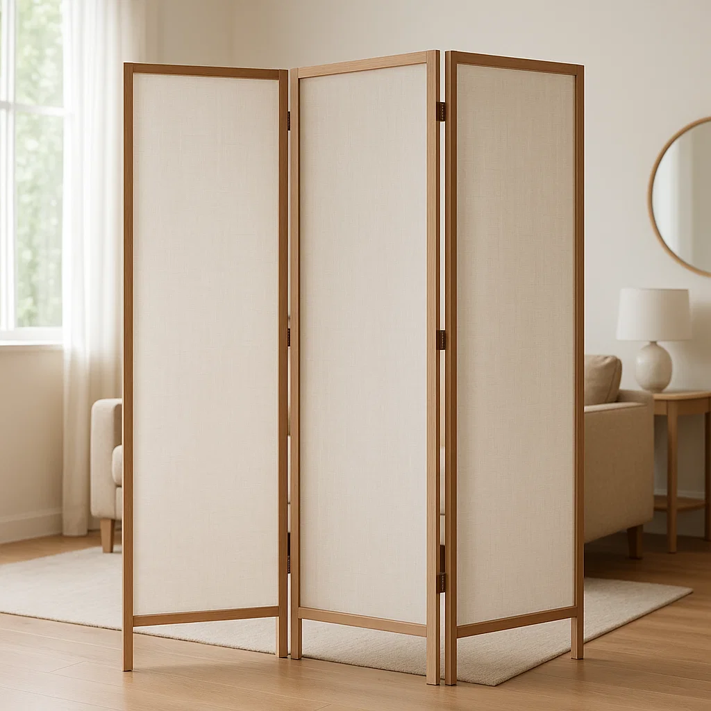 Minimalist fabric panel room divider with wooden frame in neutral living room.