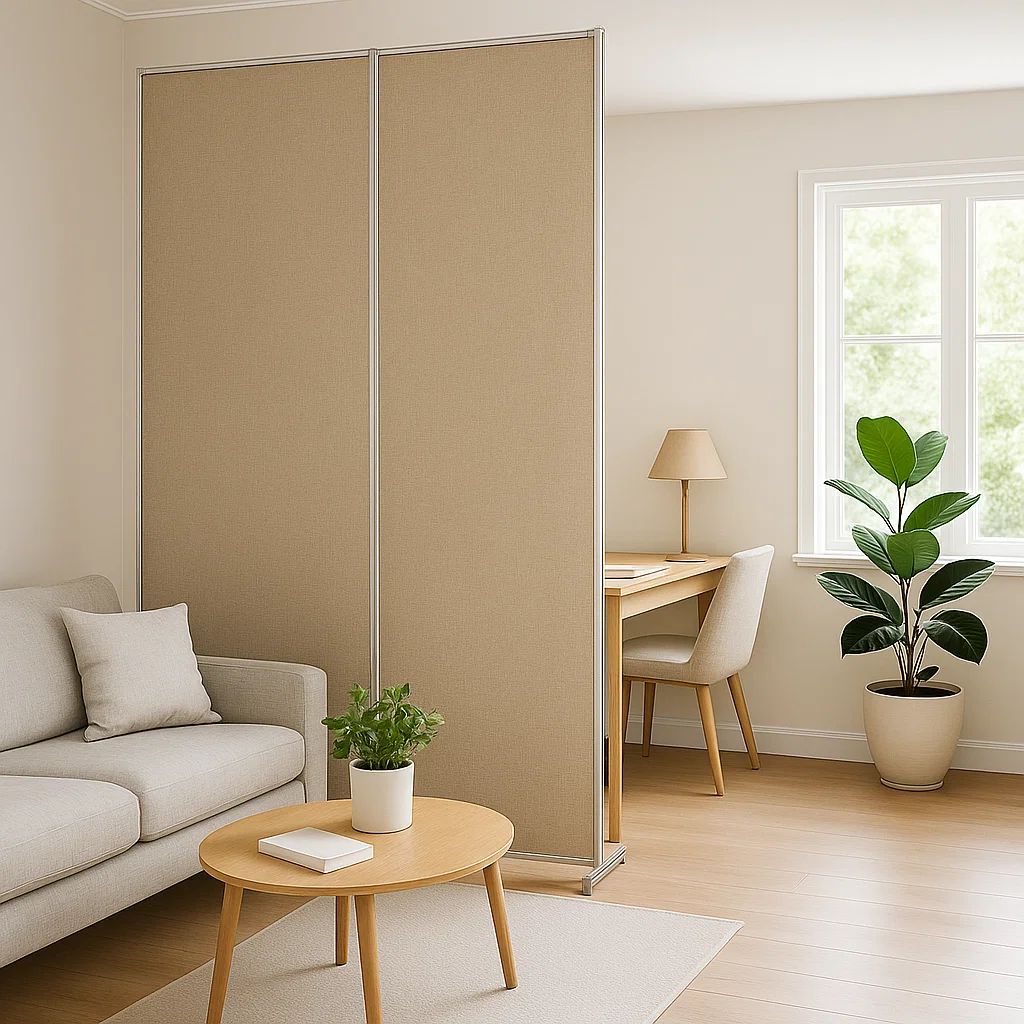 Beige fabric room divider creating private workspace in a bright, minimal living room with sofa and coffee table.
