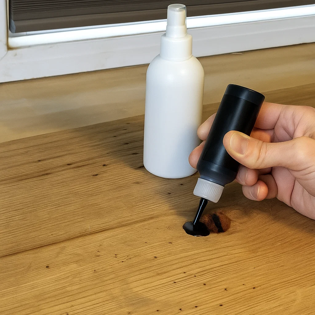 Applying CA glue to knots in console tabletop wood.