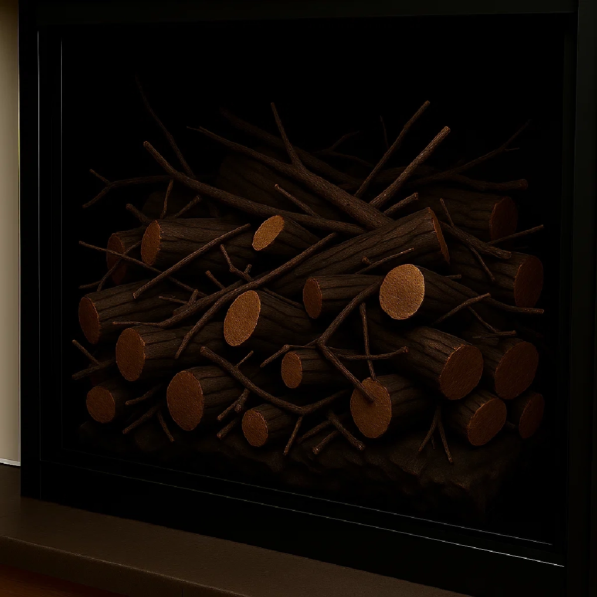 Small logs and branches filling gaps for a realistic look in the electric fireplace.