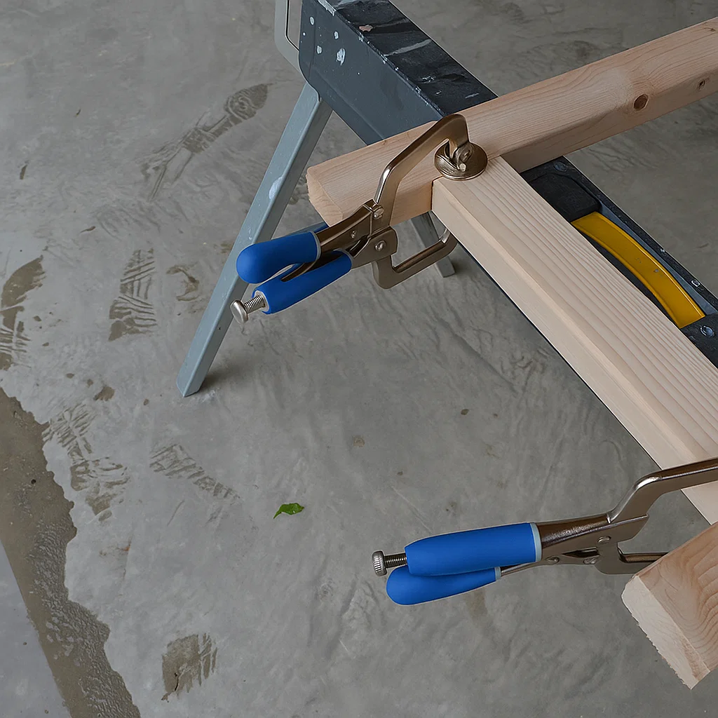 Clamps securing wooden frame while filling pocket holes.