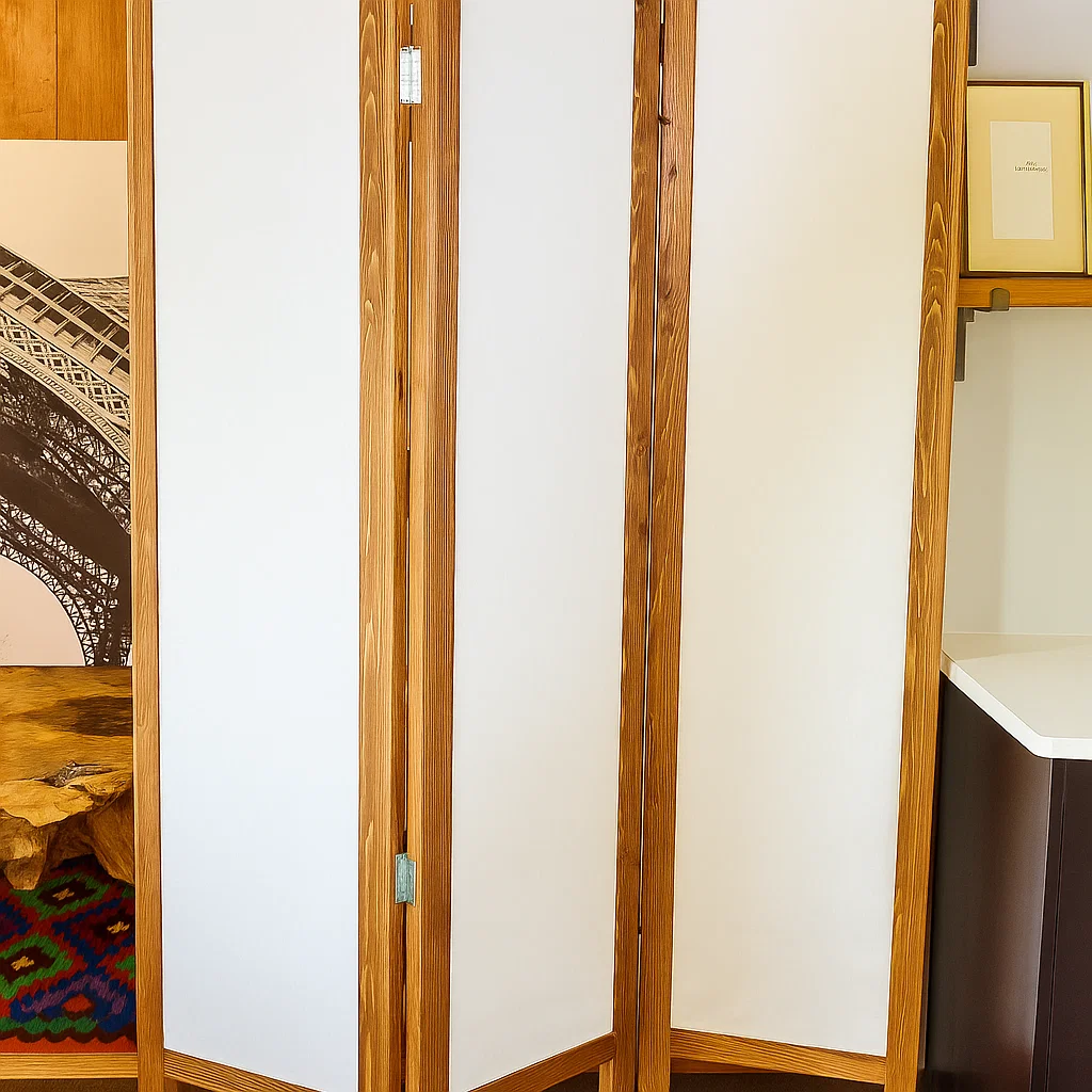 Finished wooden folding room divider set up in living space.