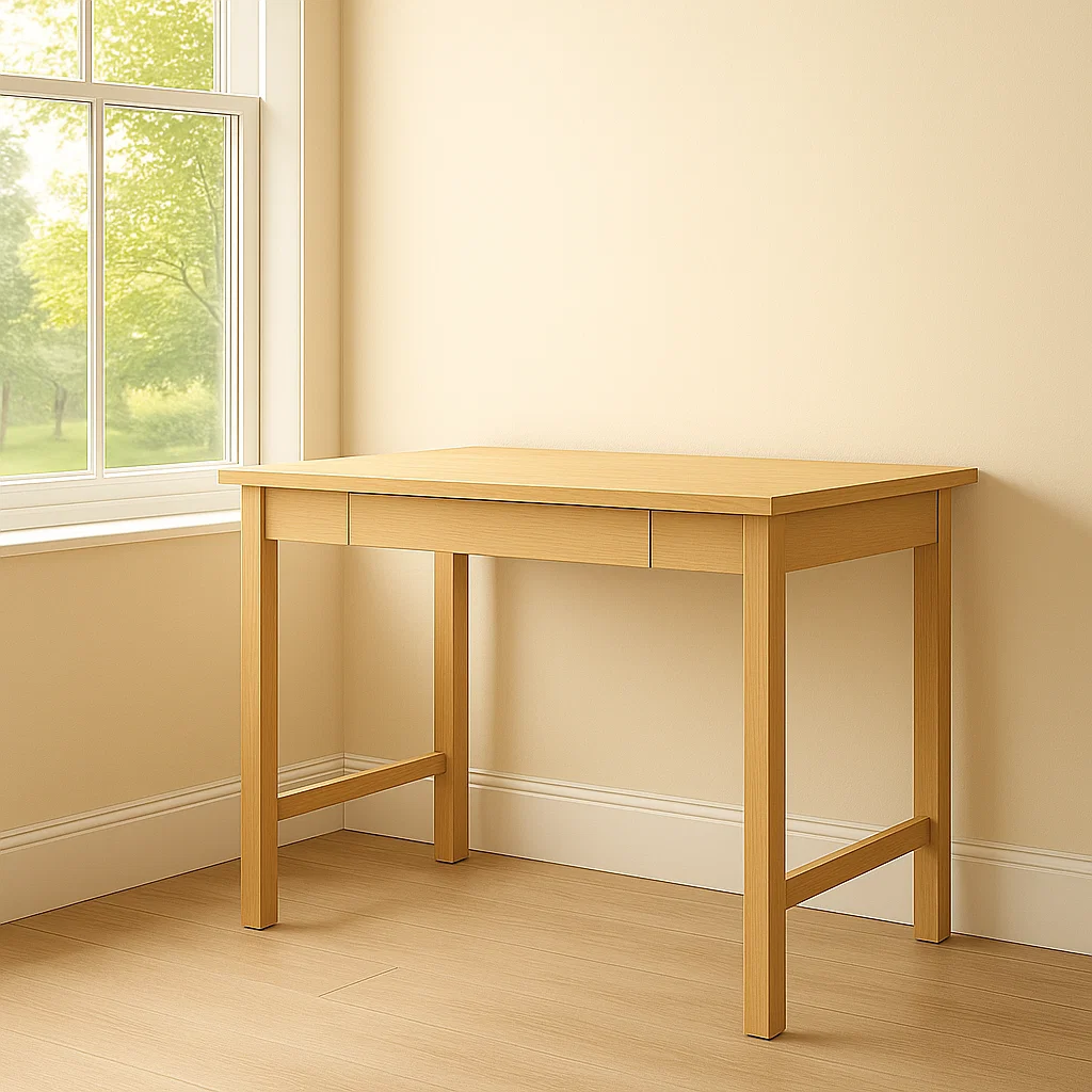 Wooden desk placed near a bright window for natural makeup lighting.