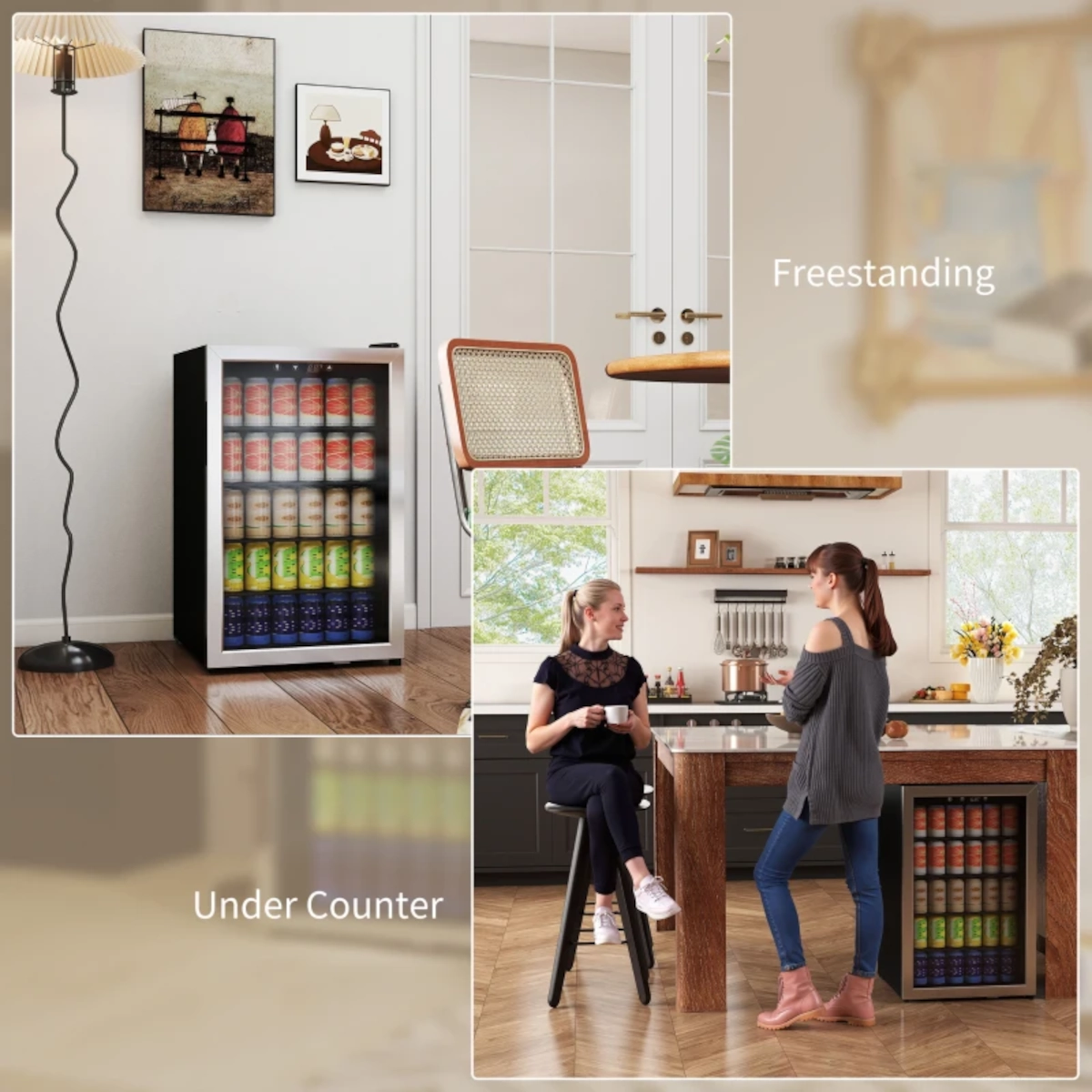 Beverage fridge pictured as both freestanding and under-counter to show installation versatility.