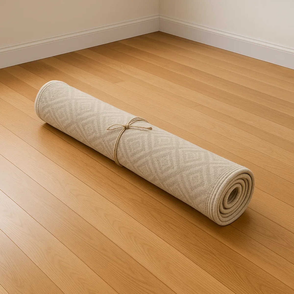 Rolled area rug tied with string, placed on hardwood floor to reset curling edges.