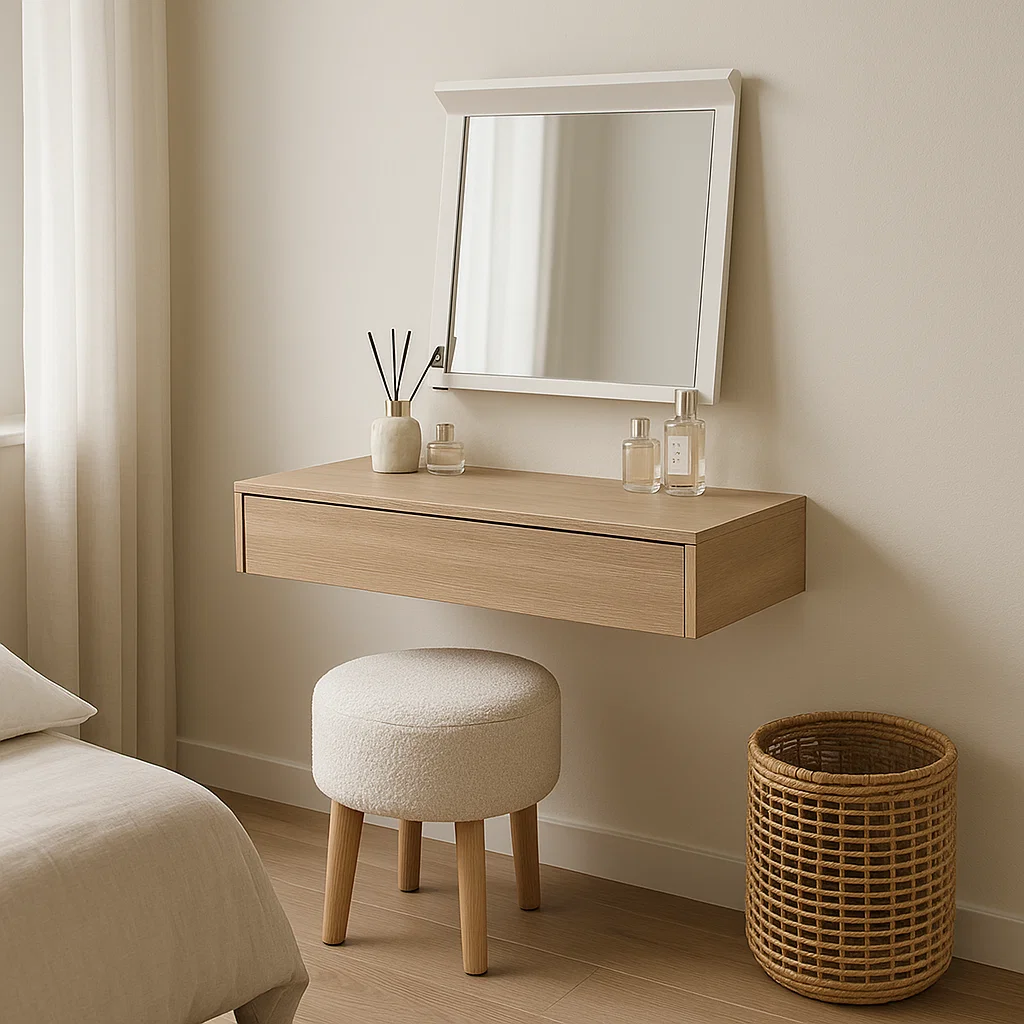 Minimal floating wall-mounted vanity with mirror, drawer, and stool in a light bedroom.