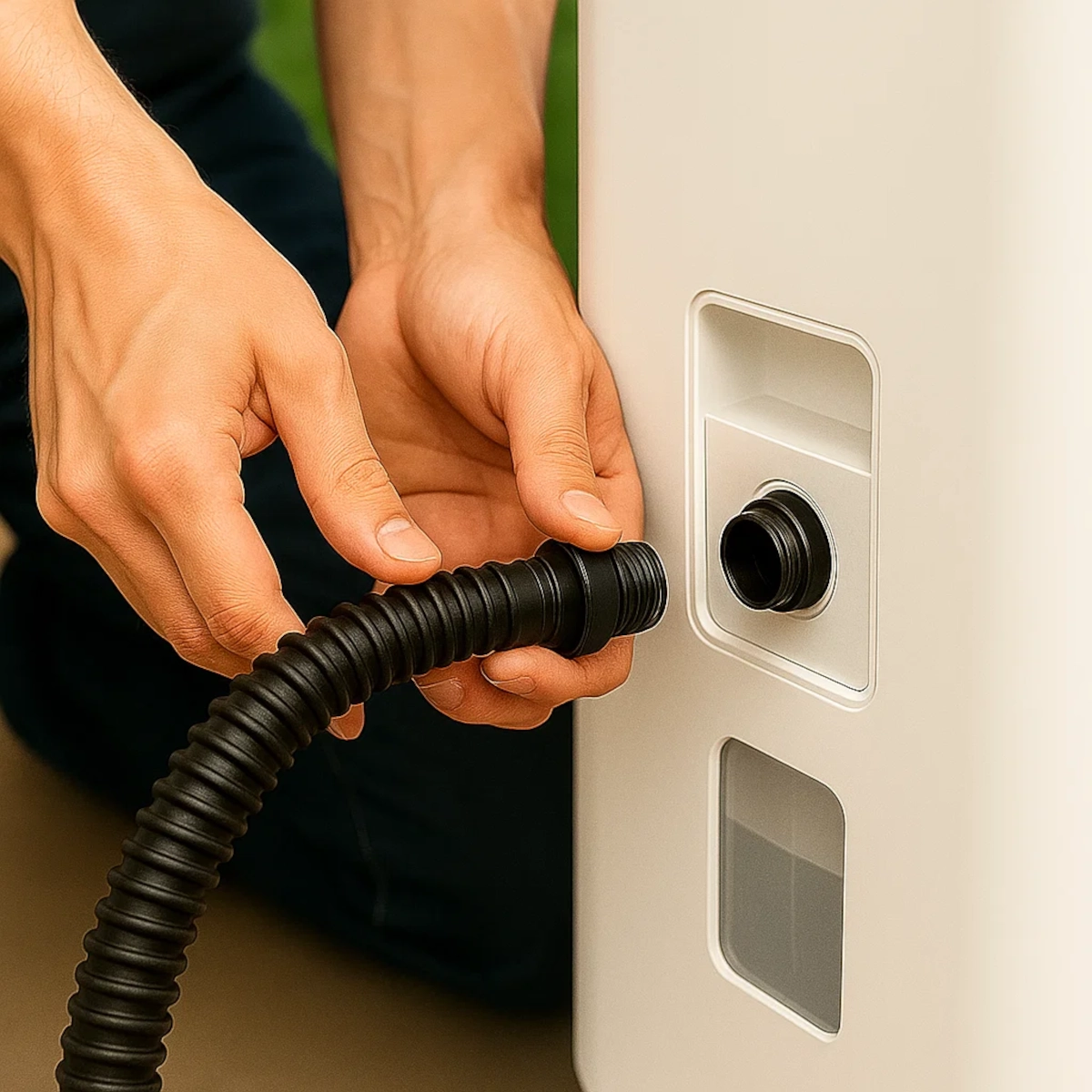 Attaching hose to dehumidifier drain outlet.