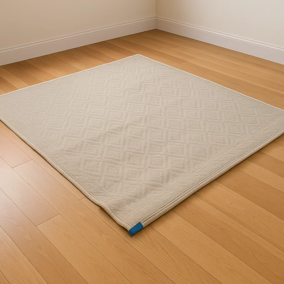 Area rug corner gently weighed down with a blue object to help flatten it on hardwood floor.