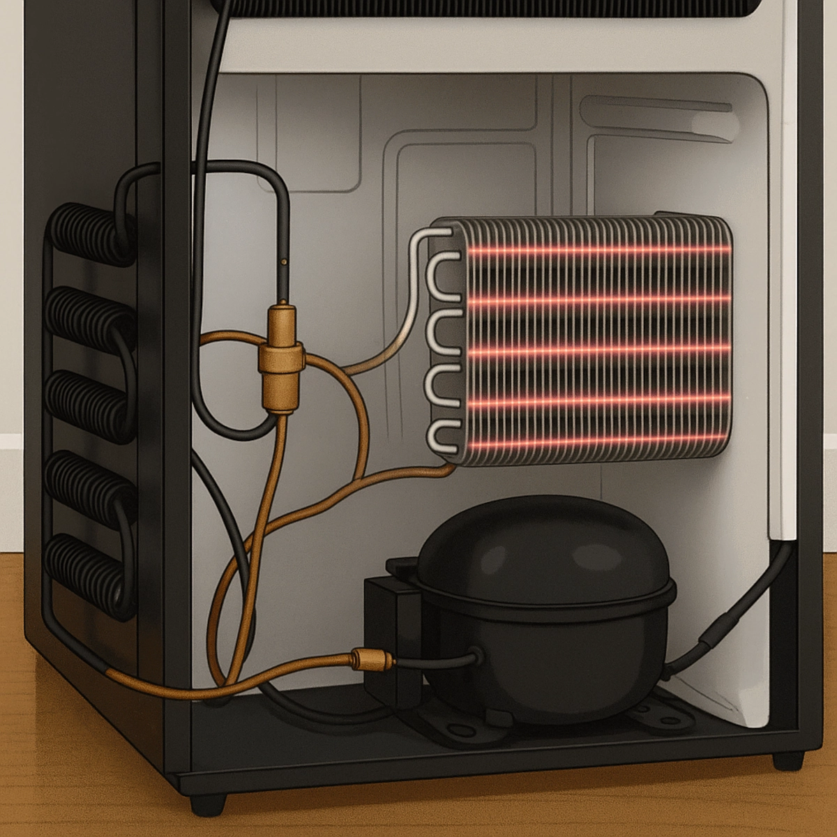 airflow separation between fridge and freezer zones in a two-compartment mini fridge.