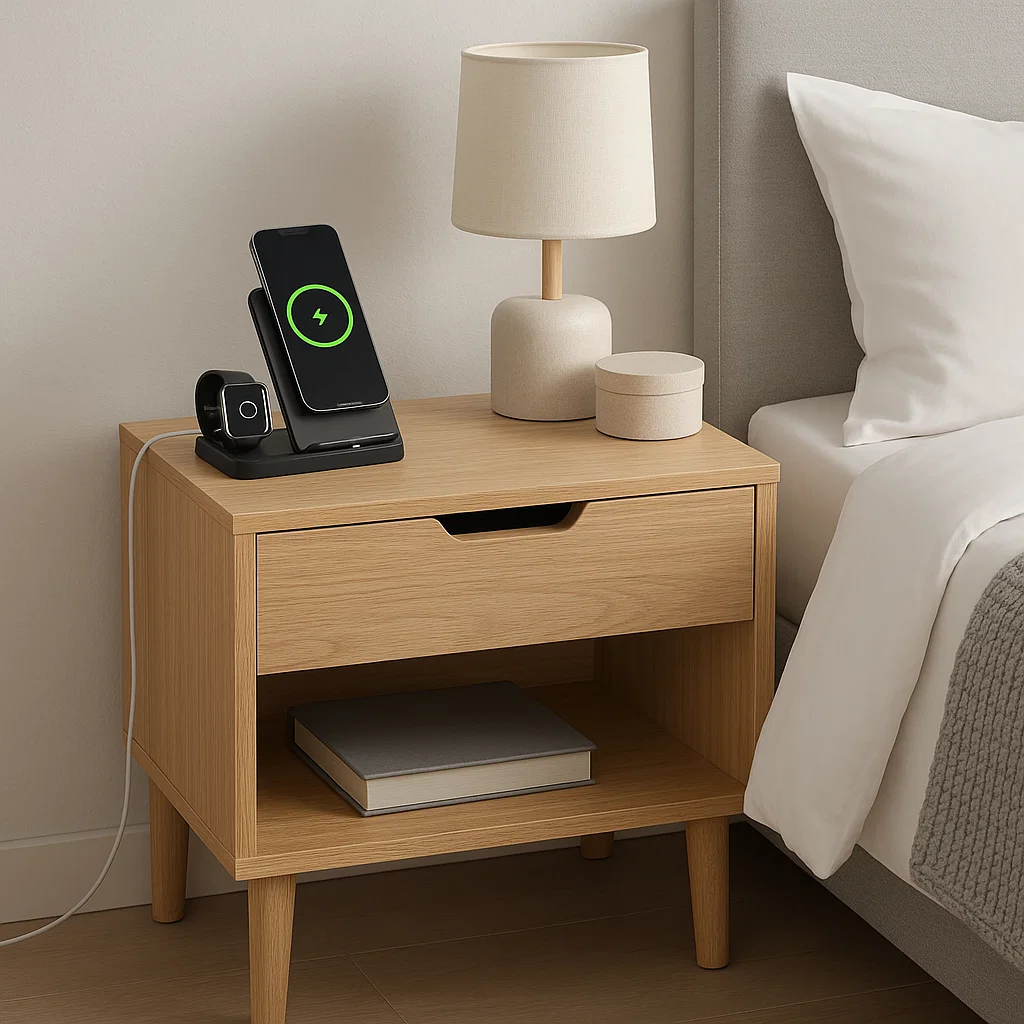 Bedside table with lamp, wireless charger, and storage shelf.