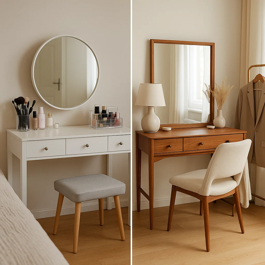 Side-by-side vanity and dressing table setups, one with round mirror and makeup, the other with lamp and décor.