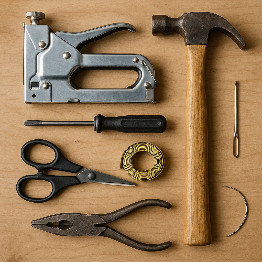 Overhead view of staple gun, hammer, screwdriver, scissors, tape roll, pliers, and upholstery needle