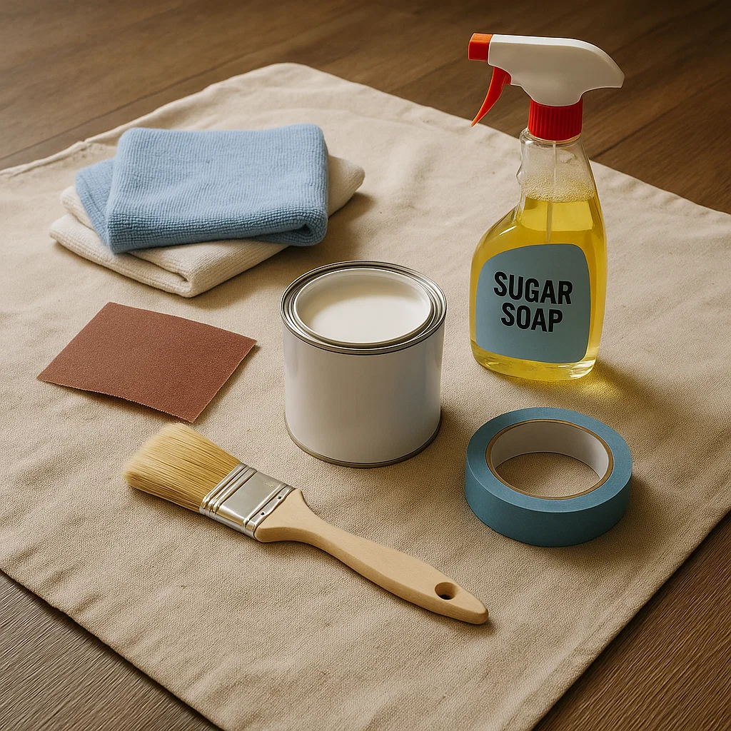 Painting tools on cloth, including paintbrush, tape, sugar soap, sandpaper, cloths, and paint tin.