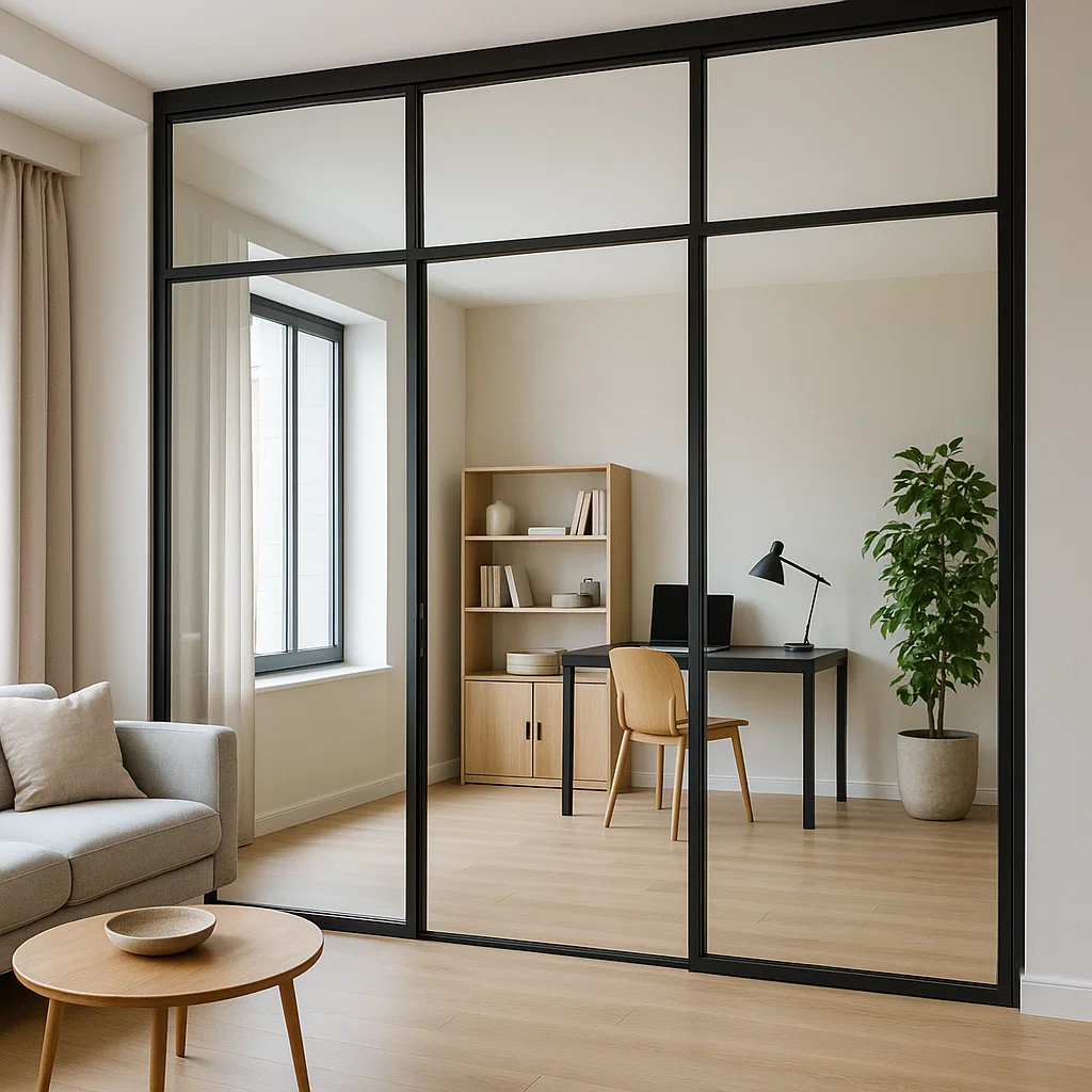 Floor-to-ceiling black-framed glass partition separating home office from living room in modern apartment.