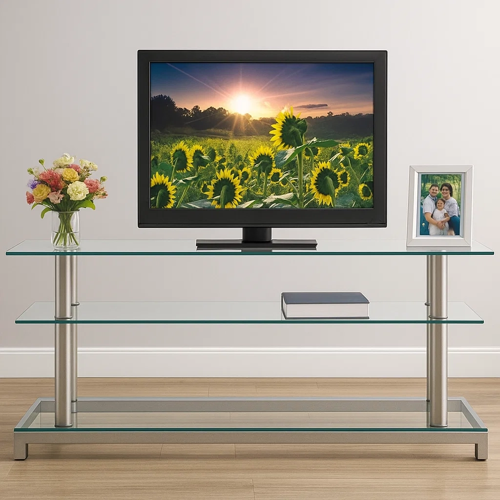 Three-tier glass TV stand with metal legs, framed photo, vase, and a small television.