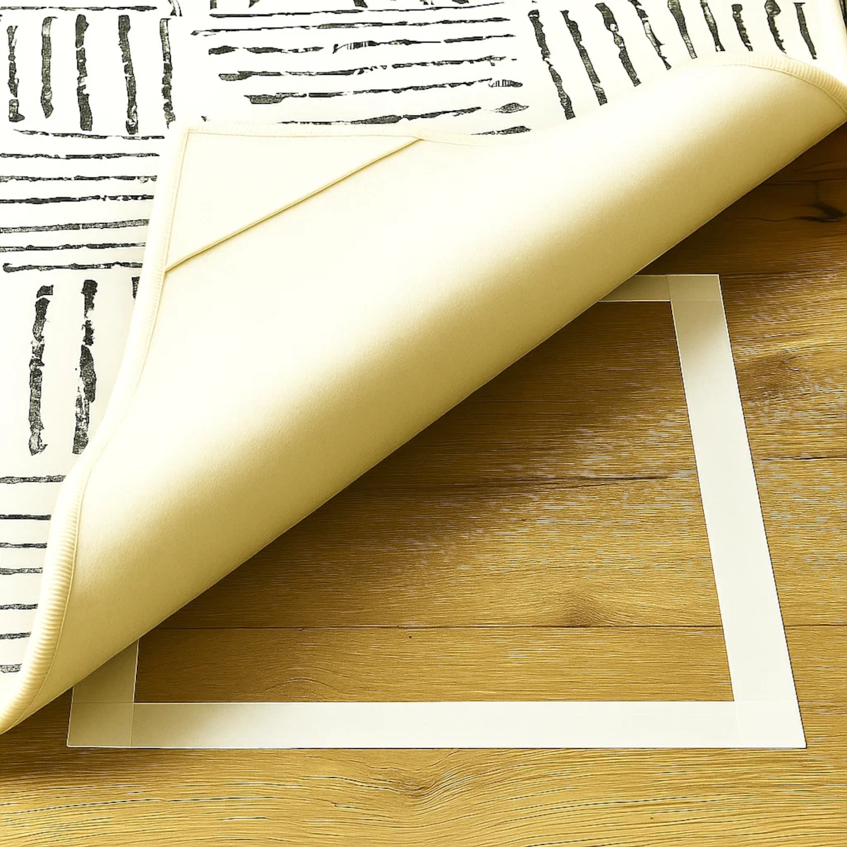 Gripper tape applied in a square pattern beneath an area rug to prevent sliding on wood floor.
