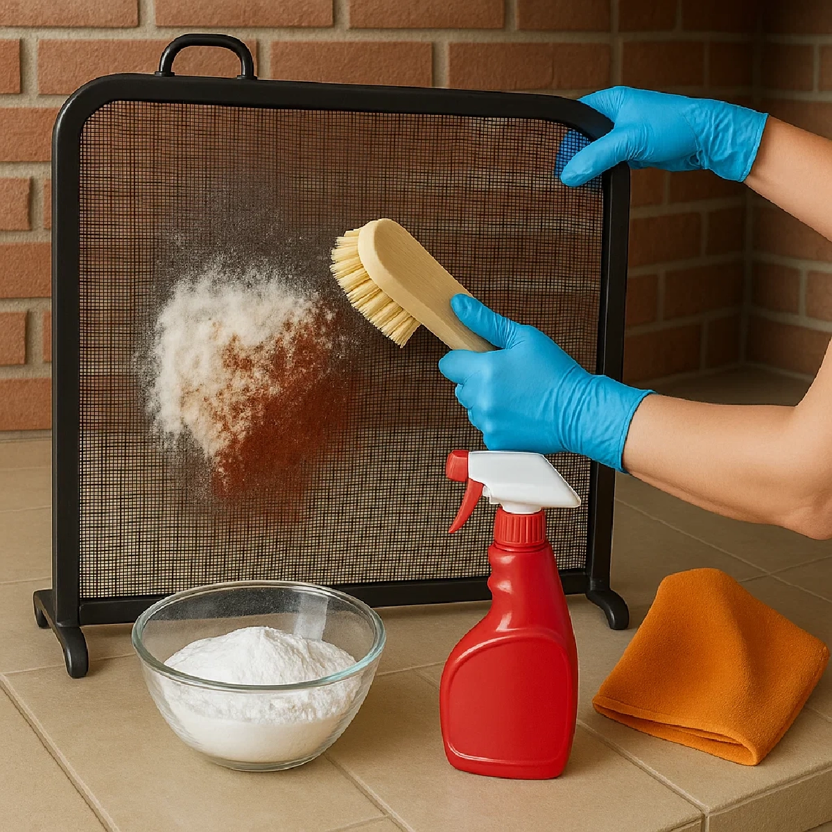 Person cleaning stubborn stains and rust from a fireplace screen with baking soda.