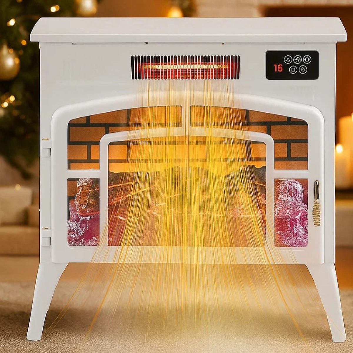 Orange heat rays streaming from white electric heater