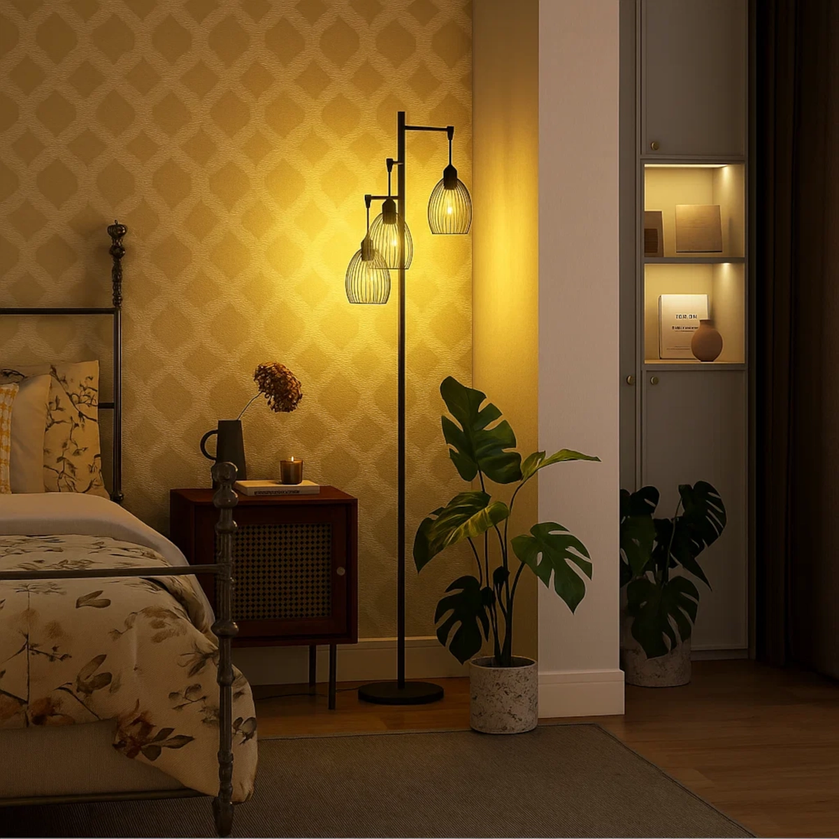 Floor lamp glowing beside bed, highlighting patterned wall and indoor plant.