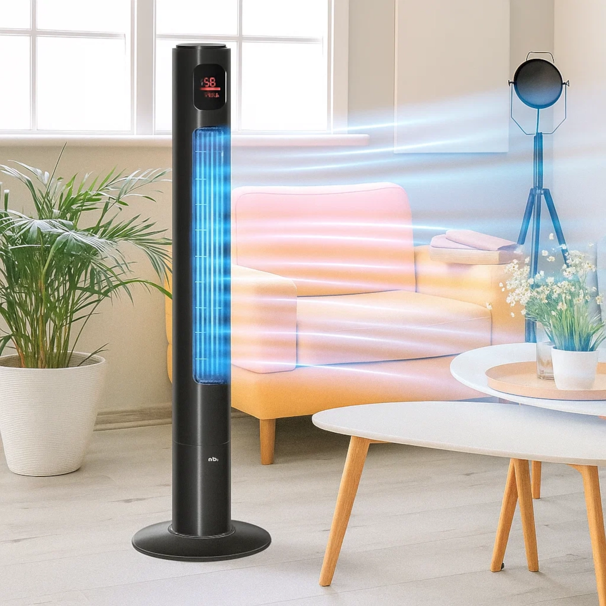 Tower fan blowing air across a living room with sofa.