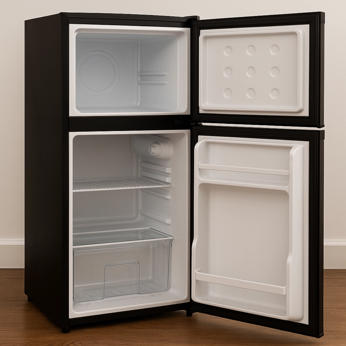 HOMCOM mini fridge freezer placed in a cozy kitchen, showing compact design for small homes.
