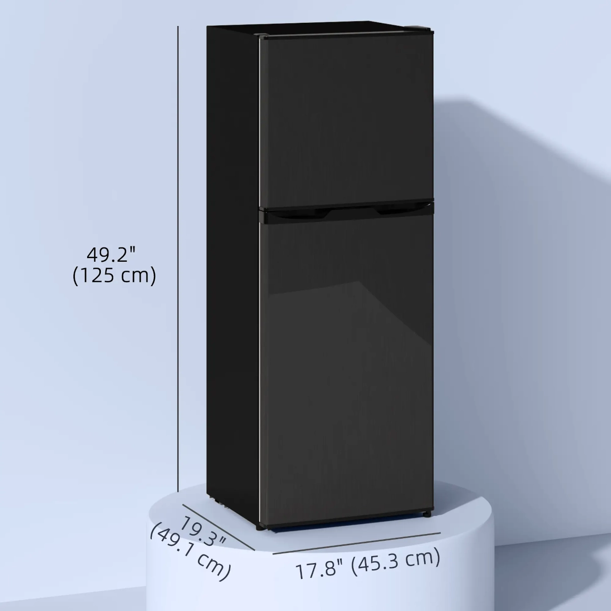 Front-facing view of HOMCOM mini fridge freezer