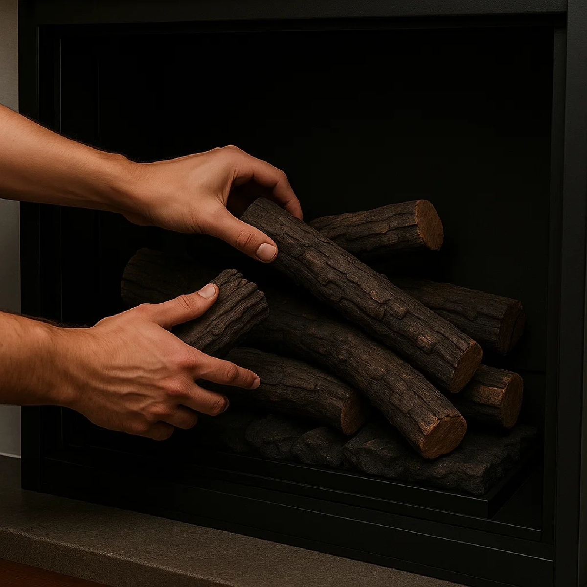 Pile of fake logs stacked neatly inside electric fireplace.