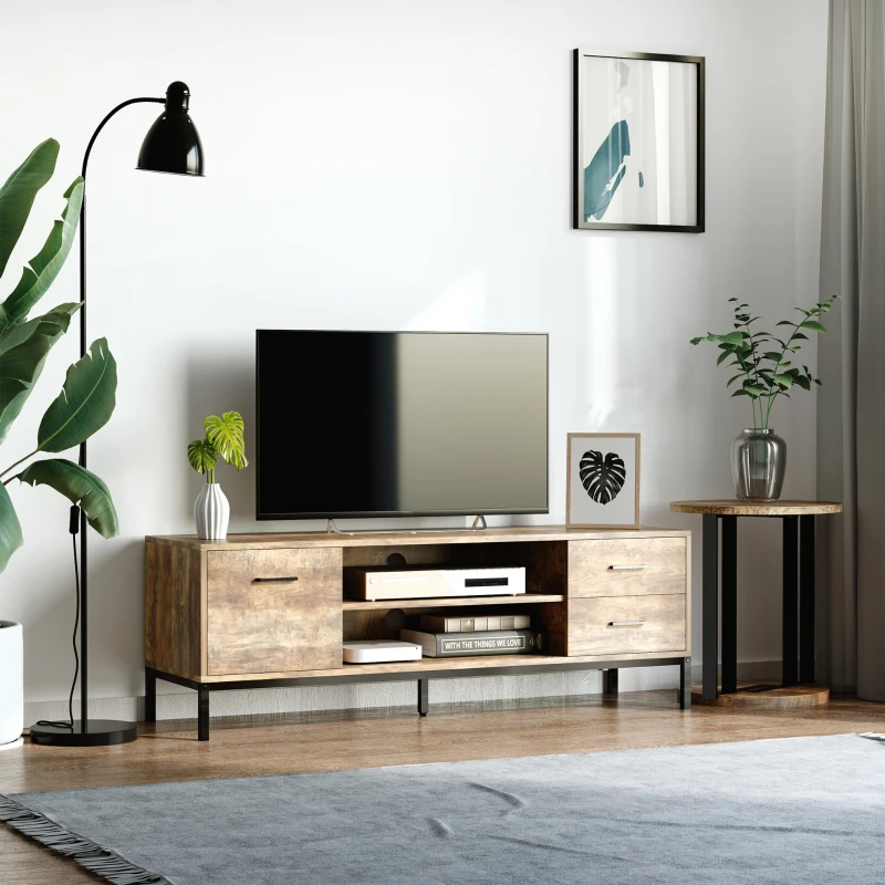 Finished wooden TV stand with storage, styled in modern living room with decor and flat-screen TV.