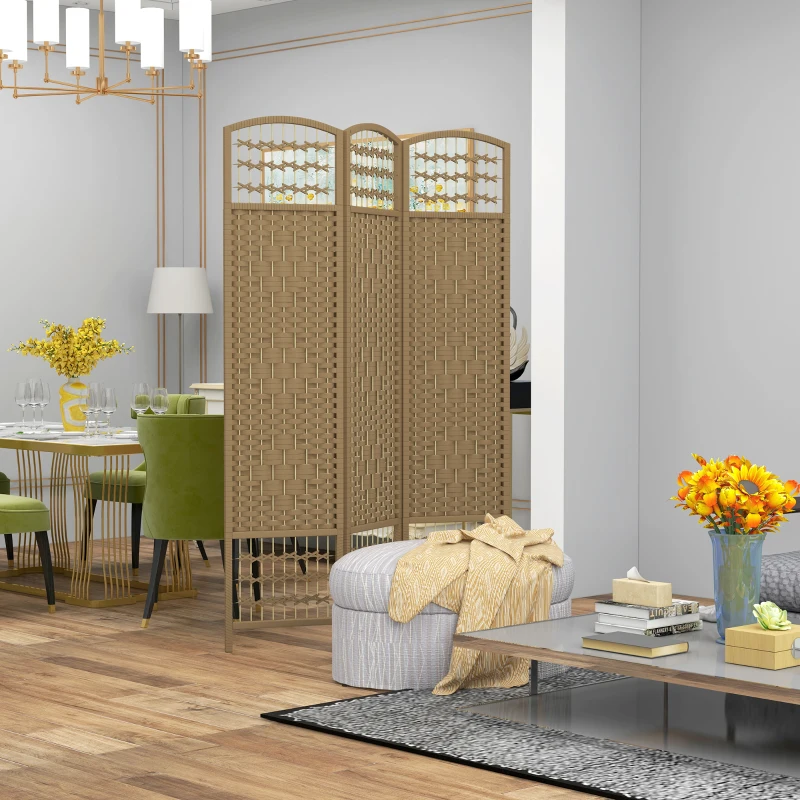 Stylish woven folding room divider in modern living room.