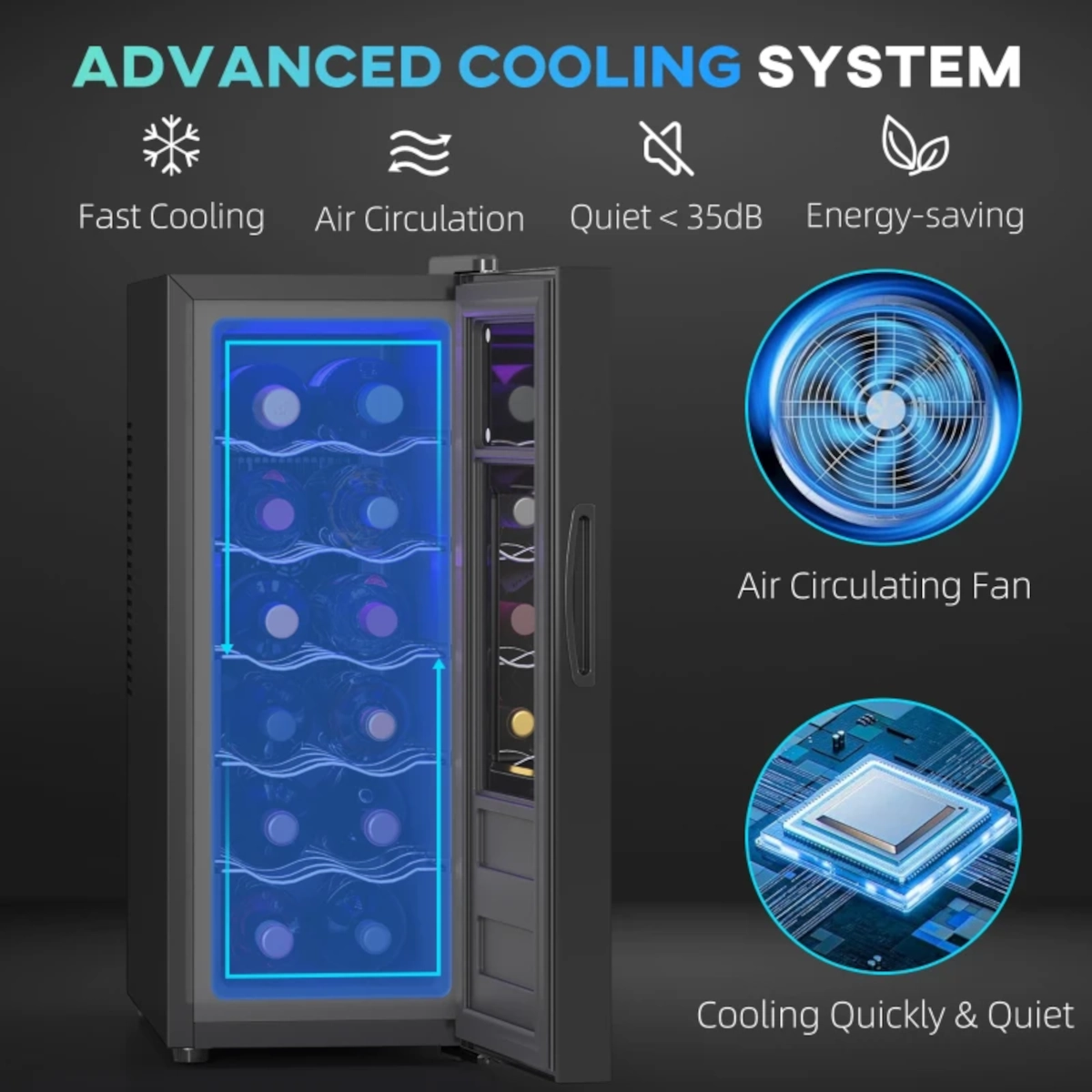 Open wine fridge highlighting fast cooling and energy-saving icons