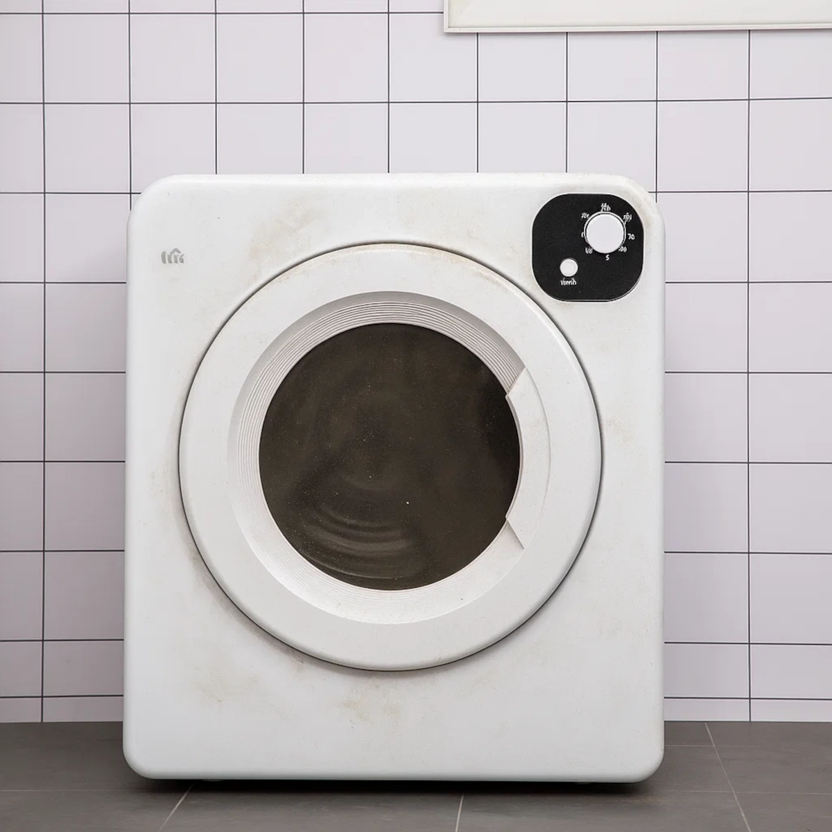 Front view of dirty white clothes dryer.