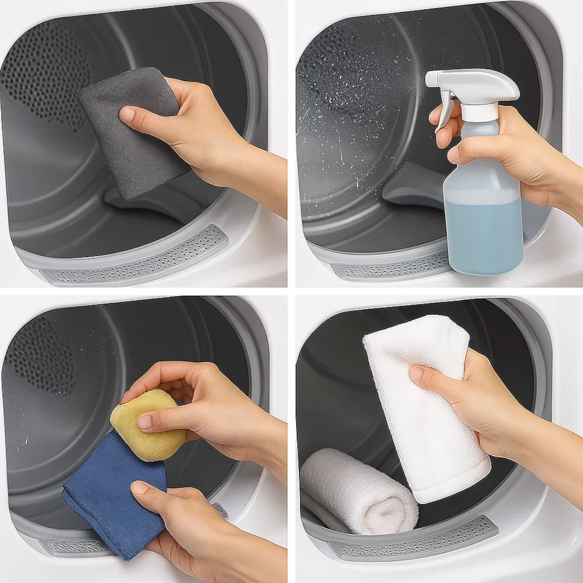 Cleaning inside dryer drum with cloth and spray.