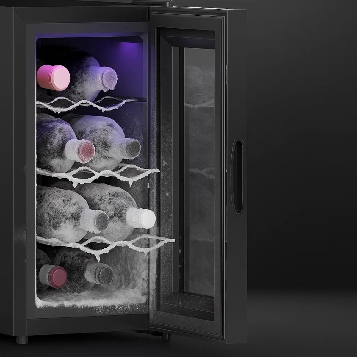 Frost-covered wine bottles inside an open wine fridge.