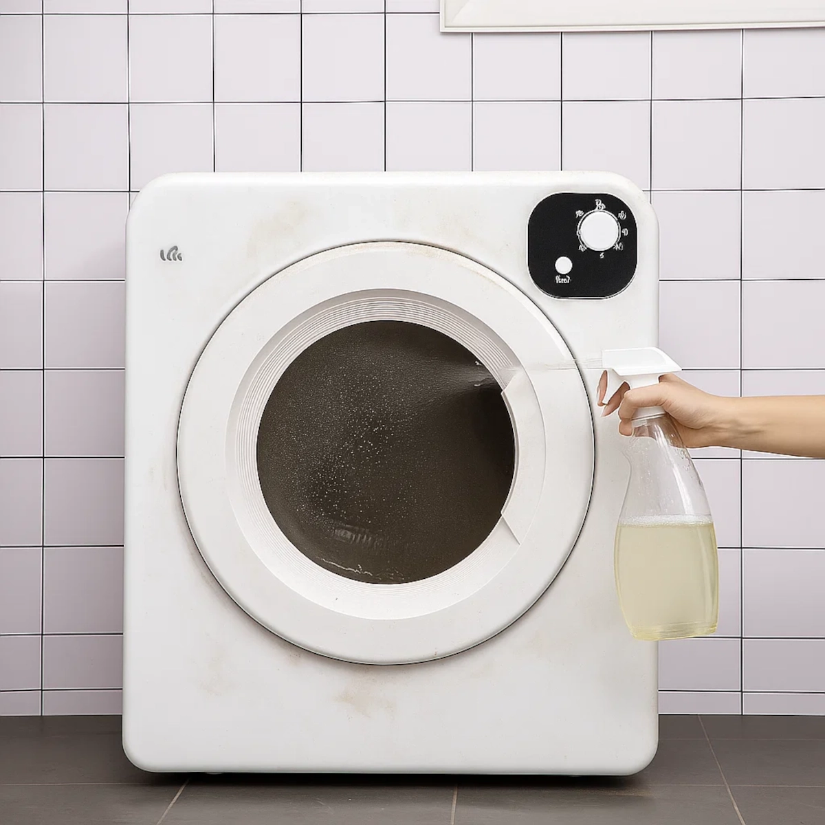 Spraying disinfectant on front of clothes dryer.
