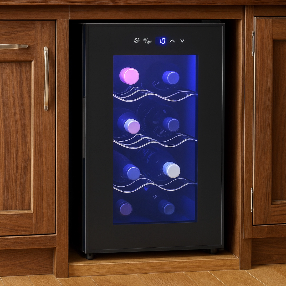 Black glass-front wine fridge installed in wooden cabinet with interior lighting and wine bottles.