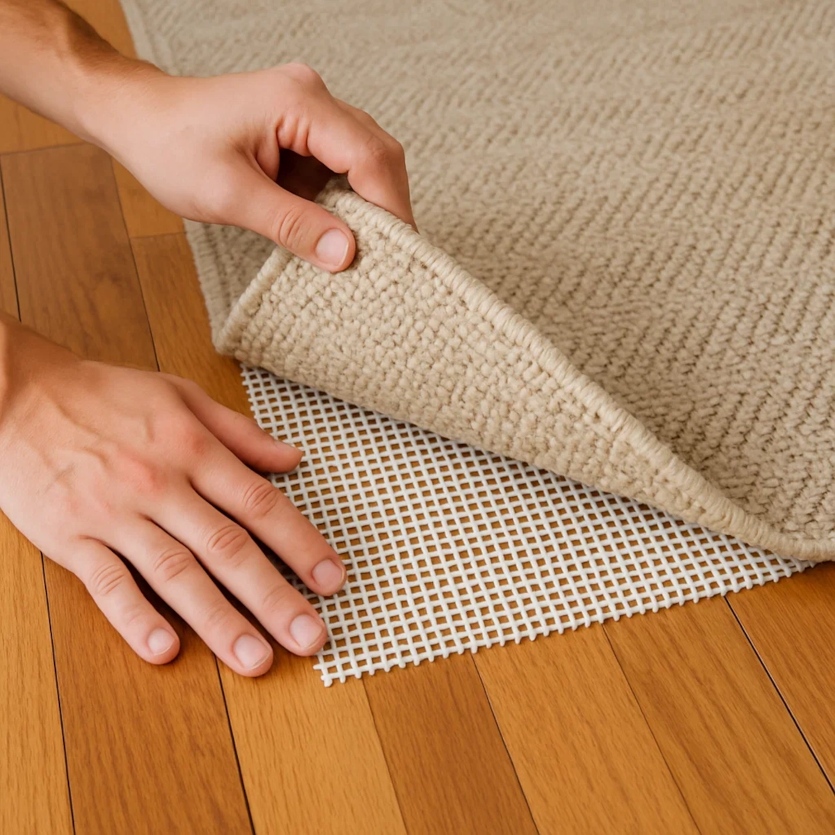 Close-up of an area rug lifted to show a non-slip rubber pad beneath it on a wood floor.