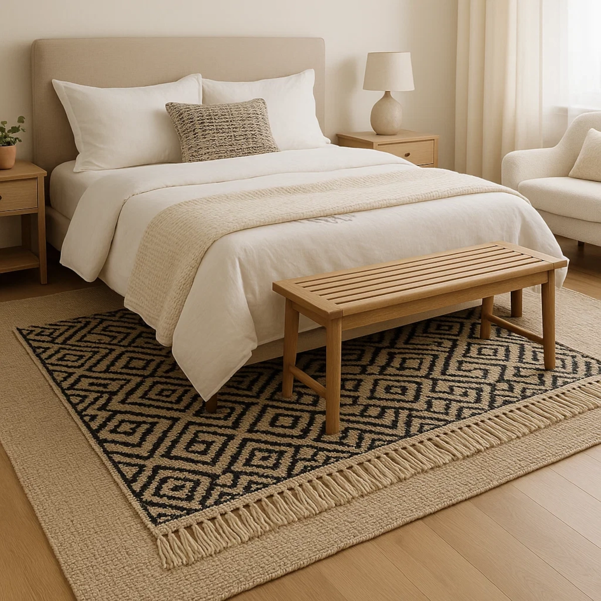 Layered area rugs under a bed with bench, adding texture and warmth to a neutral bedroom.