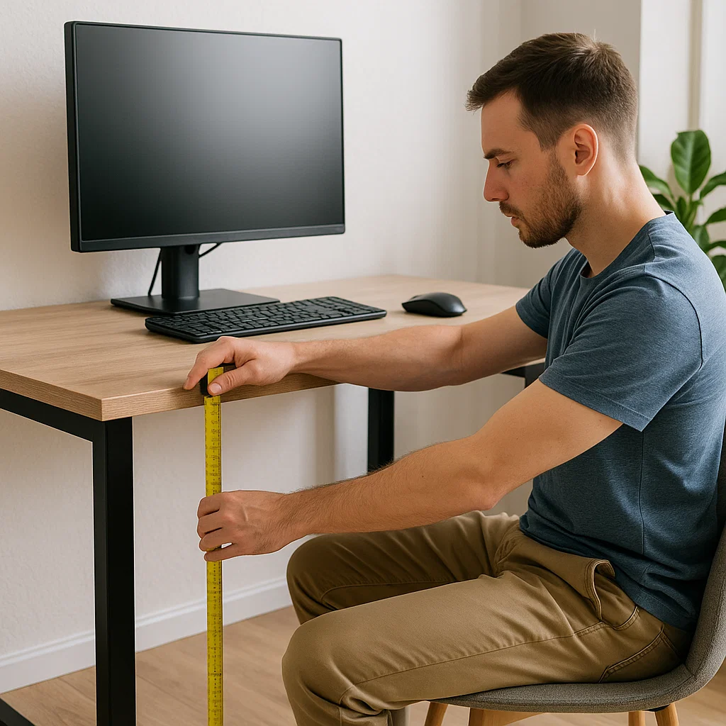 Man measuring wooden computer desk height with tape measure
