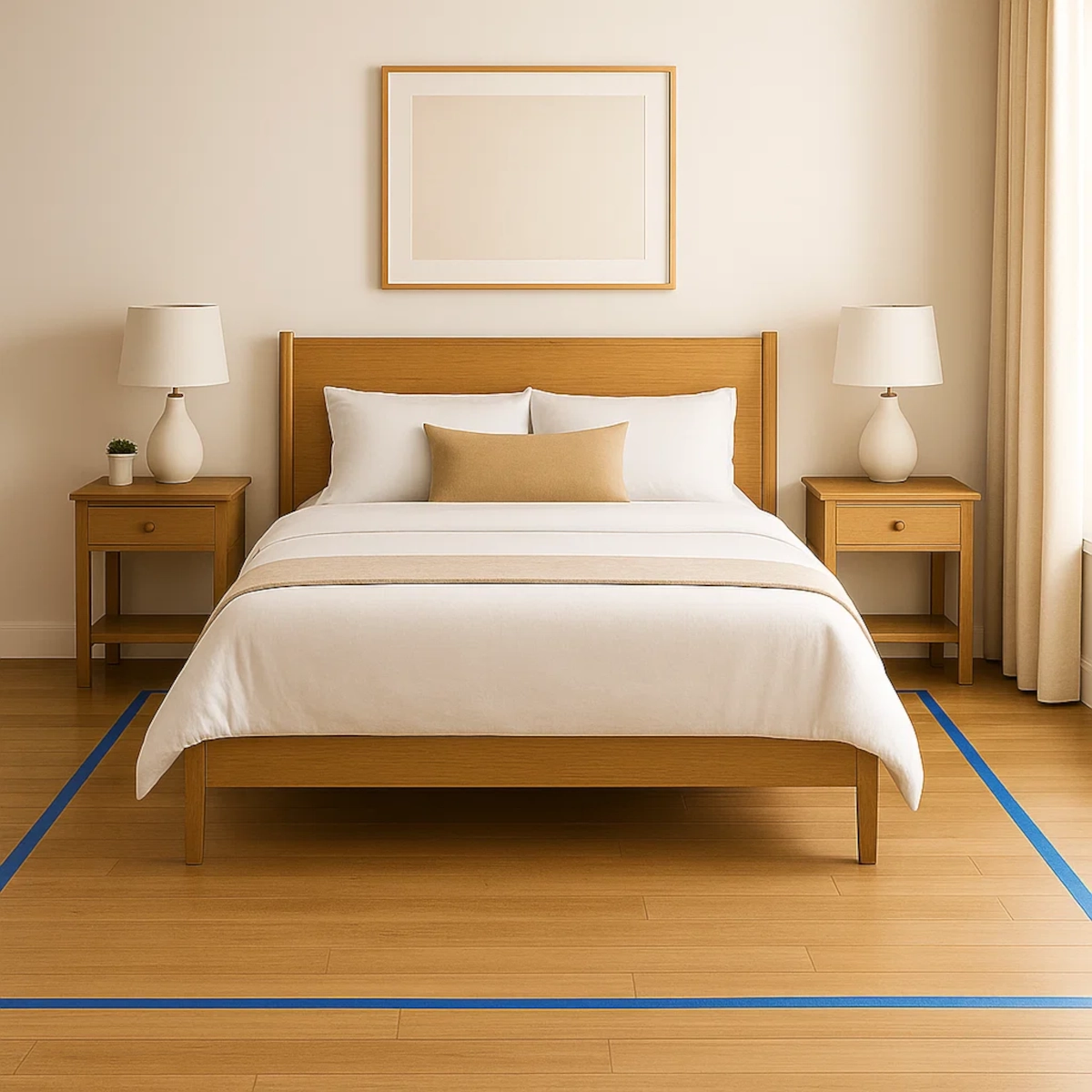 Bedroom with painter’s tape outlining rug placement beneath a bed and nightstands on hardwood floor.