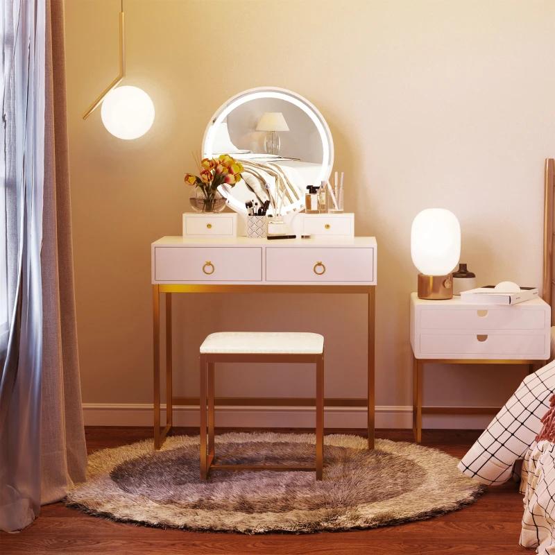 Elegant vanity setup with illuminated mirror, makeup organizers, and decorative lighting in a cozy bedroom.