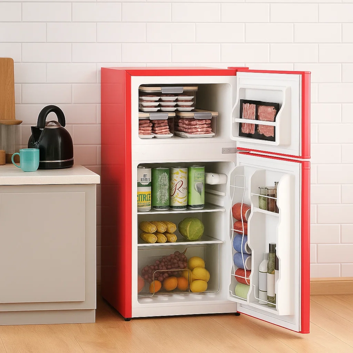 Fully stocked mini fridge showing neatly organized freezer, produce, canned drinks, and door compartments.