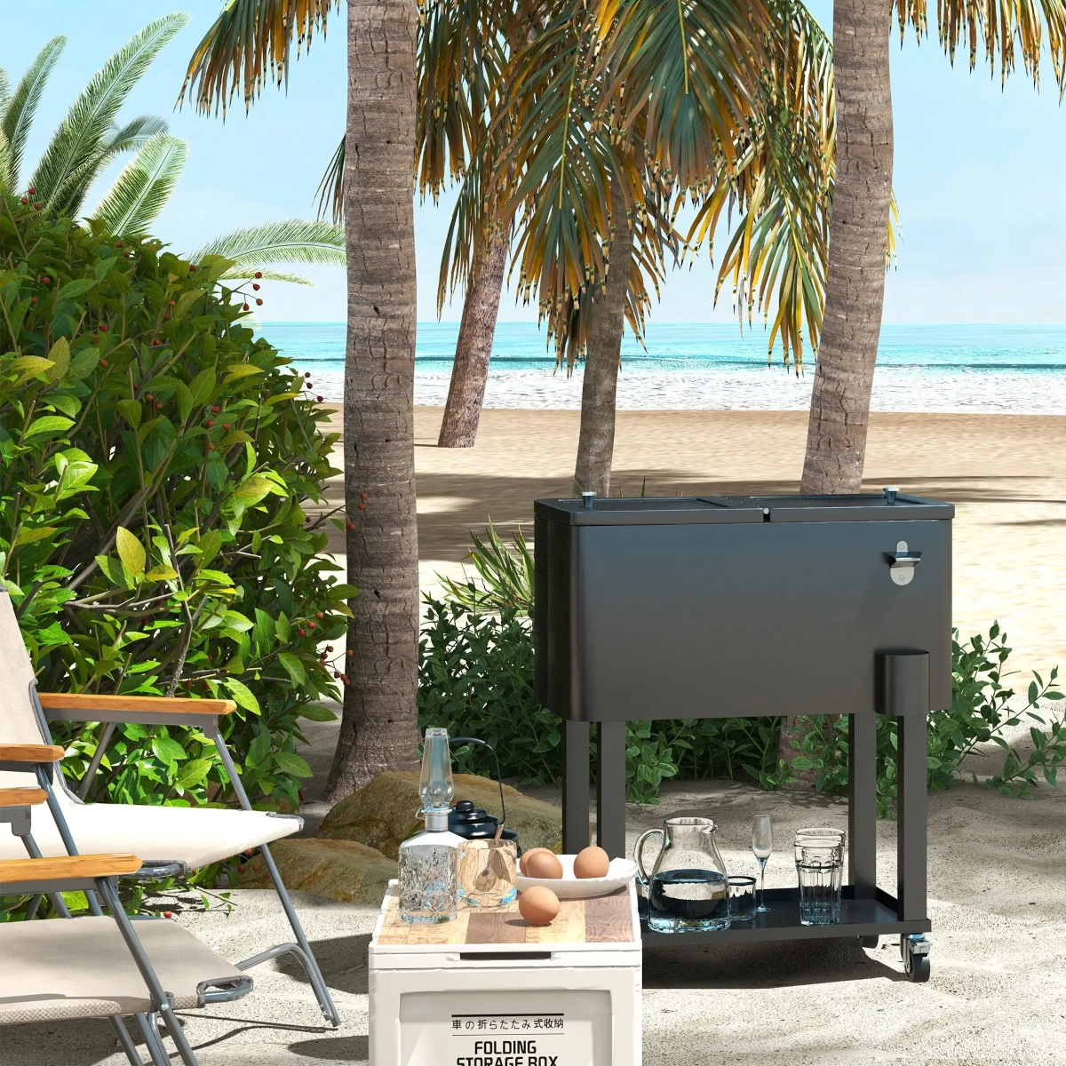 Black cooler placed on sandy beach with drinks.